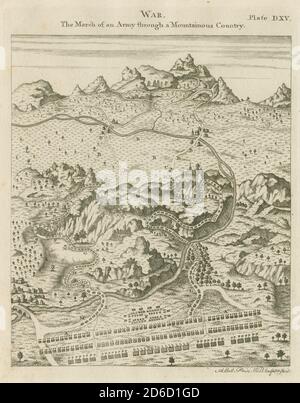 Antiker c1798 Stich, „Krieg, der Marsch einer Armee durch ein bergiges Land“ Diagramm. QUELLE: ORIGINALGRAVUR Stockfoto