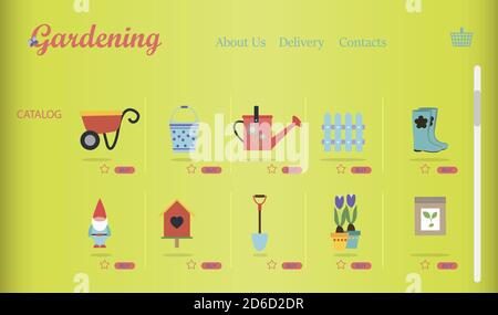 Ein Online-Shop für Garten- und Gartengeräte. Flache Abbildung der Website mit Produkten und deren Lieferung an den Käufer s nach Hause. Eine App oder Website, die alles für Haus und Garten mit Anzeigen auf der Hauptseite verkauft Stock Vektor