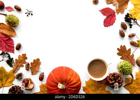 Herbstkomposition. Rahmen aus getrockneten Blättern, Kürbis, Tannenzapfen, Beeren, Kastanien und Eicheln isoliert auf weißem Hintergrund. Vorlage Mockup Fall Stockfoto