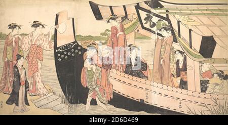 Frauen, die von einem Vergnügungsboot an der Küste von Mukojima auf Sumida River, Edo, ca. 1785. Stockfoto