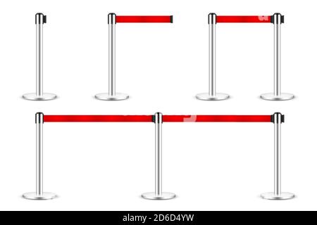 Realistische Vektor einziehbare Riemenstange. Sperrpfosten für die Massenkontrolle mit Schutzband. Warteschlangenzeilen. Begrenzungsband und Gefahrenband. Stock Vektor