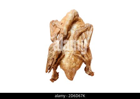 Gekochte Ente in brauner Suppe auf weißem Hintergrund Stockfoto