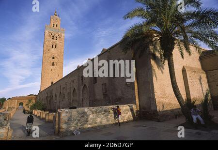 24.12.2010, Marrakesch, Marrakesch-Safi, Marokko - Blick auf die Koutoubia-Moschee aus dem 12. Jahrhundert mit Minarett und einer Palme, der größten Moschee in der Ci Stockfoto