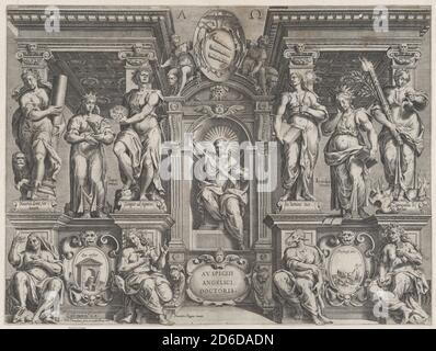 Allegorische Diplomarbeit Druck mit verschiedenen Figuren, in einer architektonischen Struktur, 1608. Stockfoto