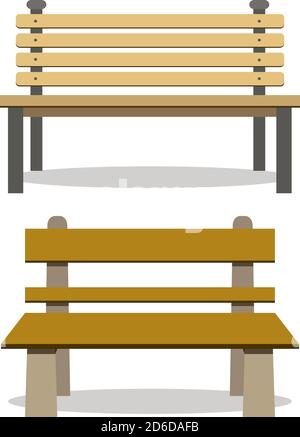 Zwei Arten von hölzernen Parkbänken auf weißem Hintergrund isoliert gesetzt. Vektor-Illustration Bänke für Outdoor-Dekor und Comic-Requisiten. Stock Vektor