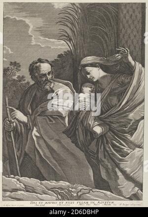 Die Flucht nach Ägypten; die Jungfrau trägt das Kind Christus, Joseph zeigt nach links, Bäume hinter ihnen, nach Reni, ca. 1635-57. Stockfoto