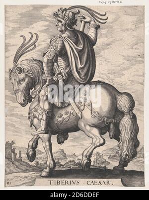Tafel 3: Kaiser Tiberius auf dem Pferderuß, aus 'den ersten zwölf römischen Cäsaren', nach Tempesta, 1610-50. Stockfoto