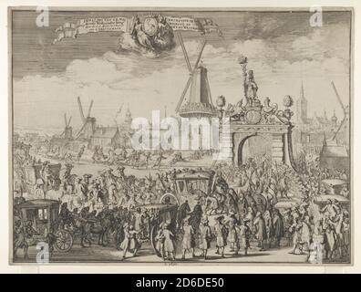 Eintritt von Wilhelm III in Den Haag (Inhaling van S.K. Maj. Aende Westeynder brug door de E.A. Magistraet van s'Gravenhage / Reception de sa Maiest&#xe9; au pont du Westende) von Bidloo, Inkomste van Koning Willem III, 1691. Stockfoto