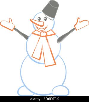 Fröhlicher Schneemann in weiß und hellblau mit Eimer, Fäustlinge, Schal, Karotten gefärbt Stock Vektor