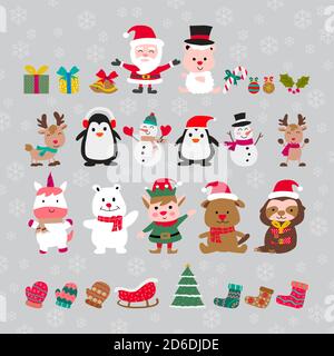 Niedlich von fröhlichen weihnachten und glücklichen neuen Jahr Elemente mit Flaches Farbdesign, Vektorgrafik Stock Vektor
