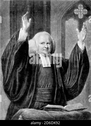 George Whitefield. Porträt des anglikanischen Geistlichen, Reverend George Whitefield (1714-1770), Mezzotint von John Greenwood, 1769. Whitefield war einer der Gründer der Methodisten und der evangelischen Bewegung. Stockfoto