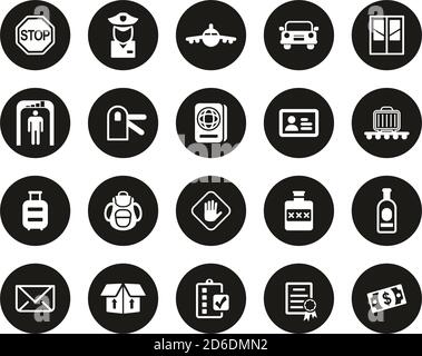 Zoll Icons Weiß Auf Schwarz Flat Design Kreis Set Groß Stock Vektor