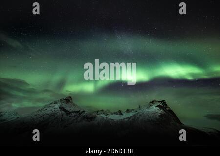 Nordlichter / aurora borealis über Bergsbotn, einem Fjord auf der Insel Senja in Norwegen Stockfoto