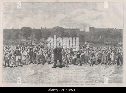 The Fourth of July in Tompkins Square, New York - "The Sogers are Coming" (Harper's Bazar: A Repository of Fashion, Pleasure and Instruction, Vol. I), 11. Juli 1868. Stockfoto