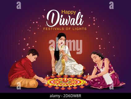 Happy Diwali Grüße. Eine Familie macht diya Dekoration. vektor-Illustration Stock Vektor