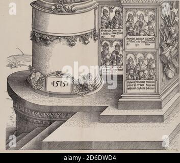 Portraits von Maximilians Verwandten; und die Basis der linken Äußeren Säule mit der Datierung 1515, aus dem Ehrenbogen, Proof, datiert 1515, gedruckt 1517-18, 1515. Stockfoto