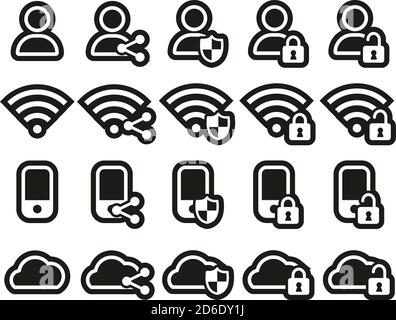 Datenschutz & Datensicherheit Icons Weiß Auf Schwarzem Aufkleber Groß Einstellen Stock Vektor