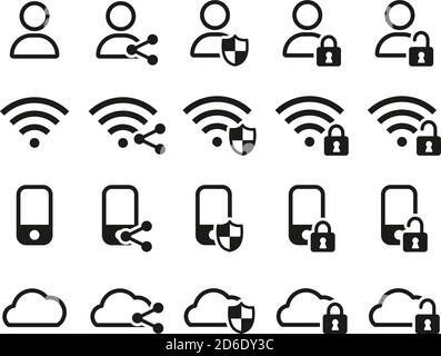 Datensicherheits- Und Datensicherheitssymbole Schwarz-Weiß-Set Groß Stock Vektor