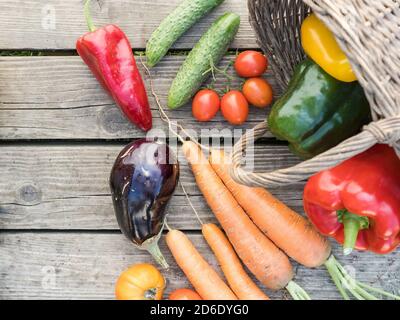 Frisch gepflücktes Bio-Gemüse aus eigenem Anbau auf einem Holzhintergrund Stockfoto