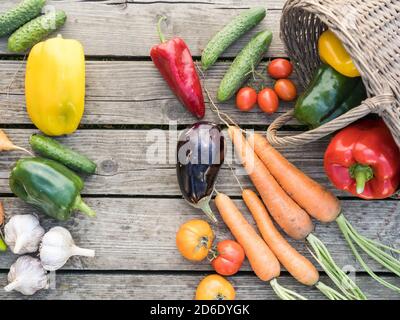 Frisch gepflücktes Bio-Gemüse aus eigenem Anbau auf einem Holzhintergrund Stockfoto