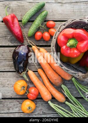 Frisch gepflücktes Bio-Gemüse aus eigenem Anbau auf einem Holzhintergrund Stockfoto