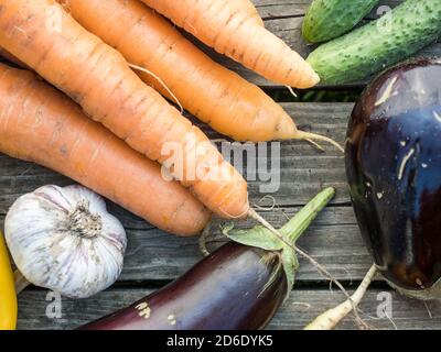 Frisch gepflücktes Bio-Gemüse aus eigenem Anbau auf einem Holzhintergrund Stockfoto