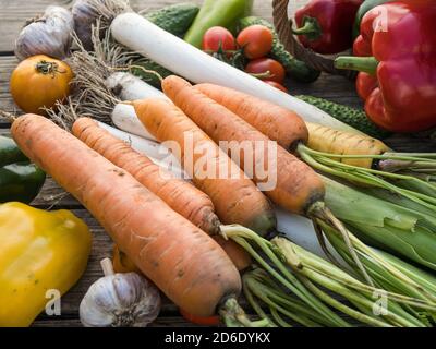 Frisch gepflücktes Bio-Gemüse aus eigenem Anbau auf einem Holzhintergrund Stockfoto