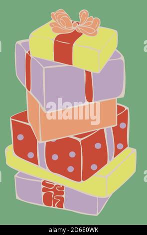 Vektor-Illustration Postkarte Design mit Stapel von bunten Geschenk-Boxen auf grünem Hintergrund. Gitfs Konzept für das neue Jahr. Stock Vektor
