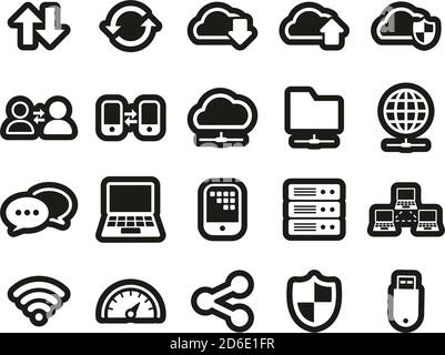 Datentransfersymbole Weiß Auf Schwarz Sticker Set Groß Stock Vektor