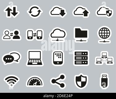 Datentransfersymbole Schwarz-Weiß Sticker Set Groß Stock Vektor