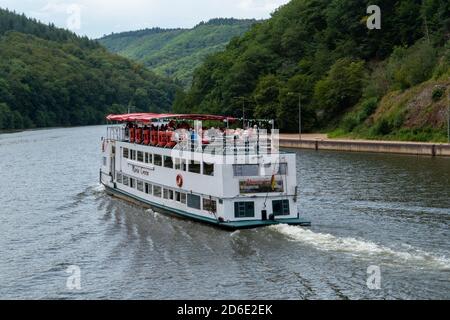 Passagierschiff auf der Saar bei Mettlach, Mettlach, Saartal, Saarland, Deutschland Stockfoto