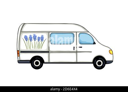 Weißer Van mit Bild von blauen Muscari-Blumen. Isoliert auf weißem Hintergrund. Abbildung. Stockfoto