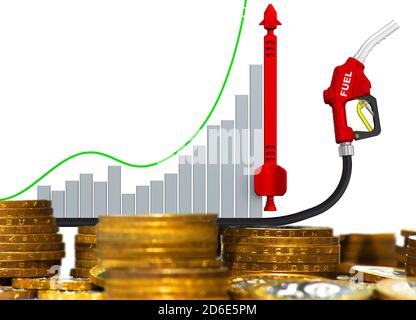 Steigende Preise für Kraftstoffe. Grafik des schnellen Wachstums mit Treibstoffdüse und konzeptueller roter Rakete auf der Oberfläche russischer Rubel-Münzen. Stockfoto