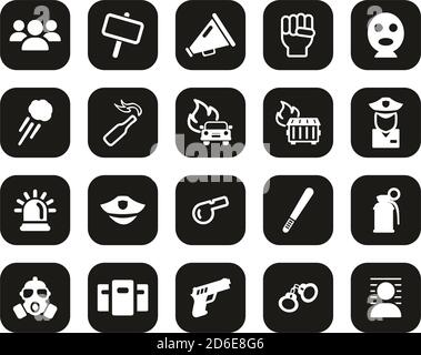 Demonstration Oder Protest Icons Weiß Auf Schwarz Flat Design Set Groß Stock Vektor