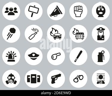 Demonstration Oder Protest Icons Black & White Flat Design Circle Groß Einstellen Stock Vektor