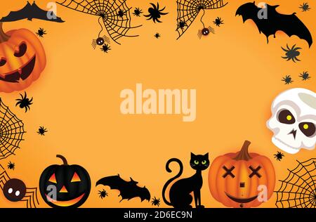 Frohe Halloween. Hexenhaus, Kürbis, Baum und Mond mit fröhlichen Gesicht auf grünem dunklen Nachthintergrund. Vektorgrafik. EPS10 Stock Vektor