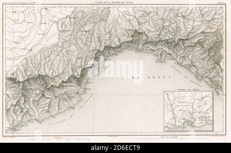 Antike französische Kupferstich-Landkarte von 1859, Carte de la Rivière de Gènes, in Italien am Golf von Genua. Genua ist die Hauptstadt der italienischen Region Ligurien. QUELLE: ORIGINALGRAVUR Stockfoto