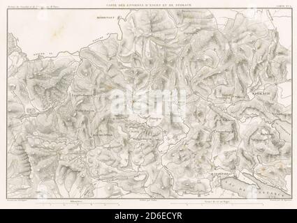 Antike französische Kupferstich-Landkarte von 1859, Carte des environs d’Engen et de Stokach, in Deutschland. Engen und Stockach sind Städte im Landkreis Konstanz in Baden-Württemberg. QUELLE: ORIGINALGRAVUR Stockfoto