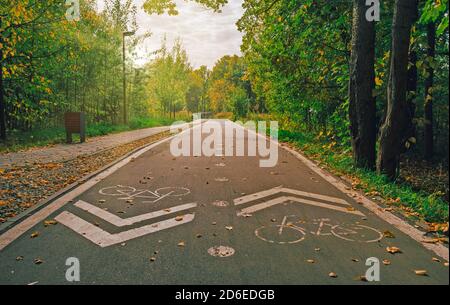 Urban Fahrradweg in einem Park. Fahrradspurmarkierung. Zwei Wege-Radweg mit Fahrrad-Schilder weiß lackiert Stockfoto