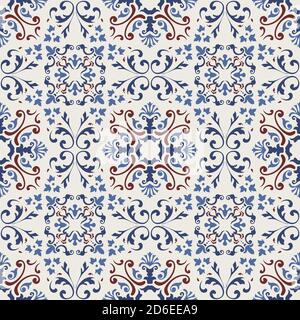 Damast-Muster. Majolika Keramik Fliesen, blau, gelb, grau Azulejo, Portugiesisch, Spanien Dekor. Nahtlose Fliese mit Islam, Arabisch, Indisch, Osmanisch Motiven. Stock Vektor