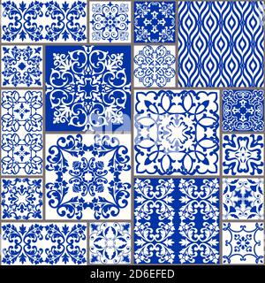 Nahtlose Patchwork-Fliese mit Islam, Arabisch, Indisch, Ottomane Motive. Majolika Keramik Fliesen. Einrichtung in Portugiesisch und Spanien. Keramikfliesen im talavera Stil. Stock Vektor