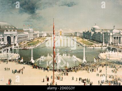 Gemälde der kolumbianischen Weltausstellung, Blick nach Osten vom MacMonnies-Brunnen zum Ehrenhof und Grand Basin, Chicago, Illinois, 1893. Stockfoto