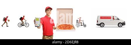 Pizza Delivery Boy mit einer Kreditkarte Terminal und andere Arbeiter und Lieferwagen hinten isoliert auf weiß Hintergrund Stockfoto