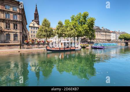 Palais Rohan und Strasbourg Kathedrale spiegeln sich in der Ill, Straßburg, Elsass, Frankreich Stockfoto