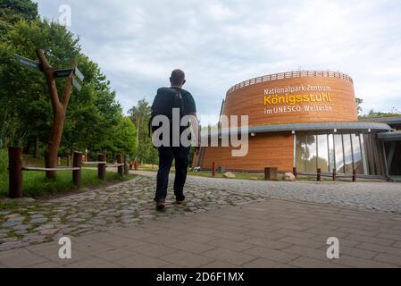 Deutschland, Mecklenburg-Vorpommern, Hagen, Tourrist läuft auf dem Gelände des Nationalparkzentrums Königsstuhl im UNESCO-Welterbe, Königsstuhl, Stubbenkammer, Ostsee Stockfoto