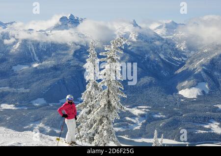 Eine Erwachsene Skifahrerin vor dem Hintergrund einer majestätischen Winterlandschaft und schneebedeckten Bäumen. Revelstoke, Kanada. Modellversion. Stockfoto