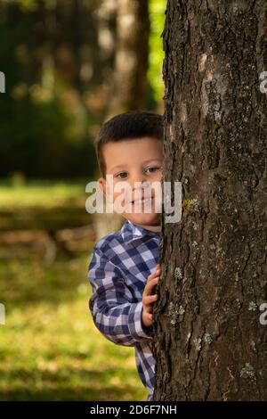 Netter kleiner Junge versteckt sich hinter dem Baum. Stockfoto