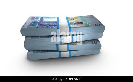 3D-Illustration von kuwaitischen Dinar Bills stapelt Hintergrund Stockfoto