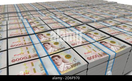 3D-Illustration von Thai Baht Bills stapelt Hintergrund Stockfoto