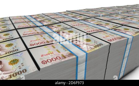 3D-Illustration von Thai Baht Bills stapelt Hintergrund Stockfoto